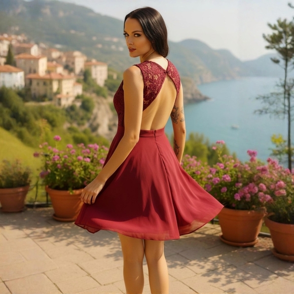 Lulus ✦ Burgundy Lace Skater Dress ✦ Crocheted Bodice w/ Chiffon Open-Back Skirt - Picture 2 of 16